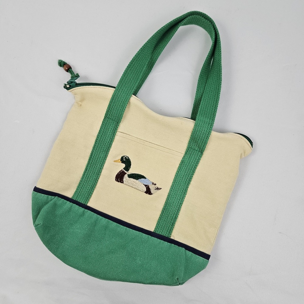 Vintage Canvas Purse Tote Bag Mallard Duck Embroidery 80s Green Cream